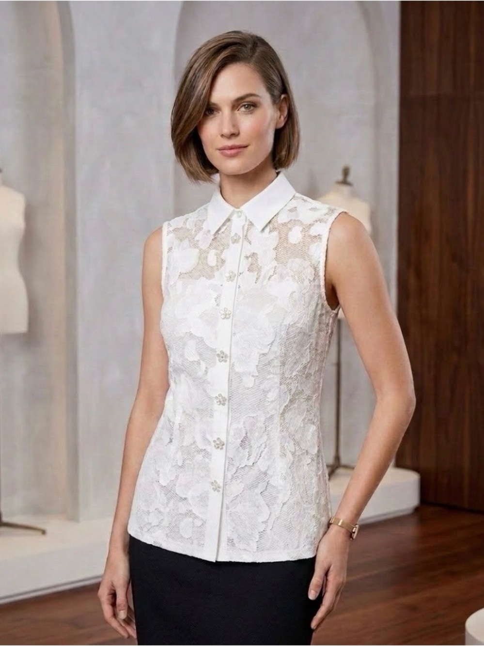 Anne Fontaine Lux White Sleeveless “Eva” Floral Lace Collared Blouse US Size 12